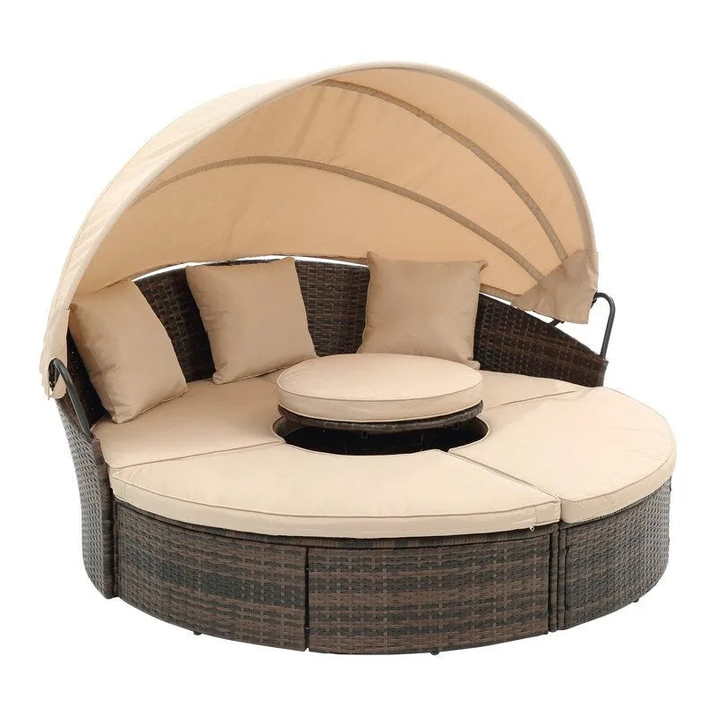 Outdoor Wicker Rattan Round Daybed With Canopy,Coffee Table