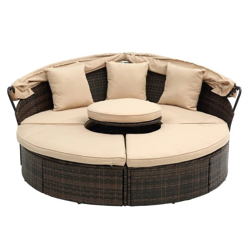 Outdoor Wicker Rattan Round Daybed With Canopy,Coffee Table