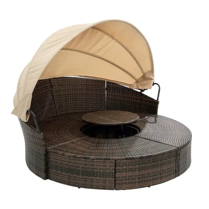 Outdoor Wicker Rattan Round Daybed With Canopy,Coffee Table