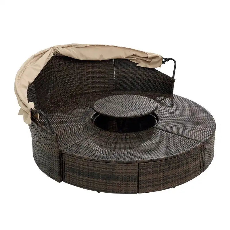 Outdoor Wicker Rattan Round Daybed With Canopy,Coffee Table