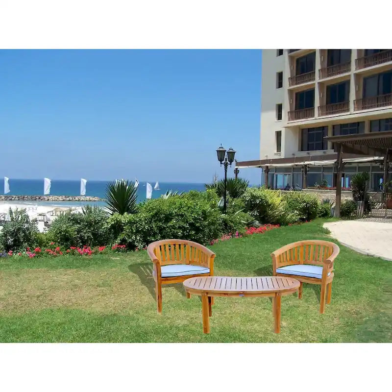 Chic Teak Peanut 3 Piece Teak Wood Patio Lounge Set, 2 Chairs & Coffee Table