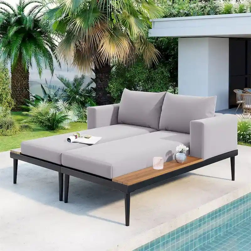 Modern Outdoor Patio Metal Daybed with Wood Topped Side Spaces