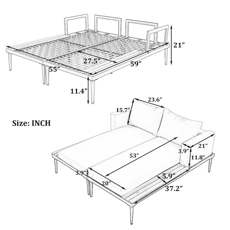 Modern Outdoor Patio Metal Daybed with Wood Topped Side Spaces
