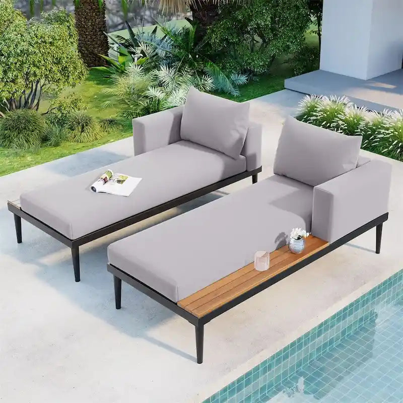 Modern Outdoor Patio Metal Daybed with Wood Topped Side Spaces