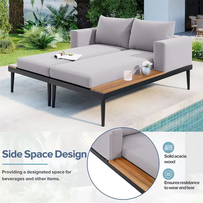 Modern Outdoor Patio Metal Daybed with Wood Topped Side Spaces