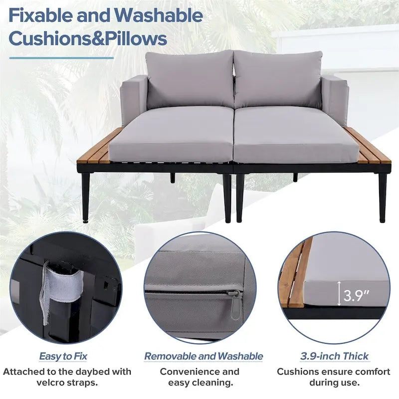 Modern Outdoor Patio Metal Daybed with Wood Topped Side Spaces