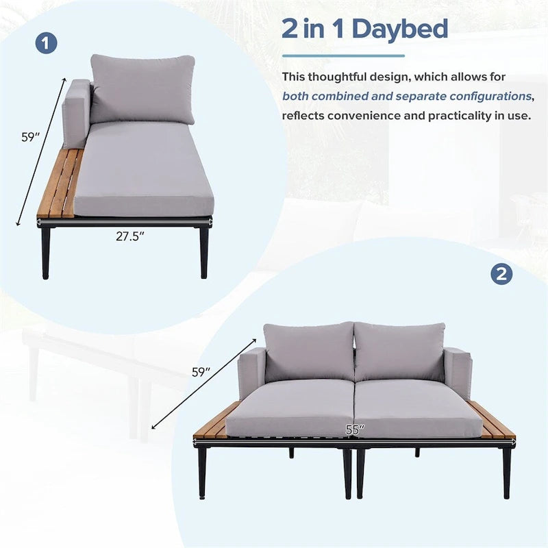 Modern Outdoor Patio Metal Daybed with Wood Topped Side Spaces