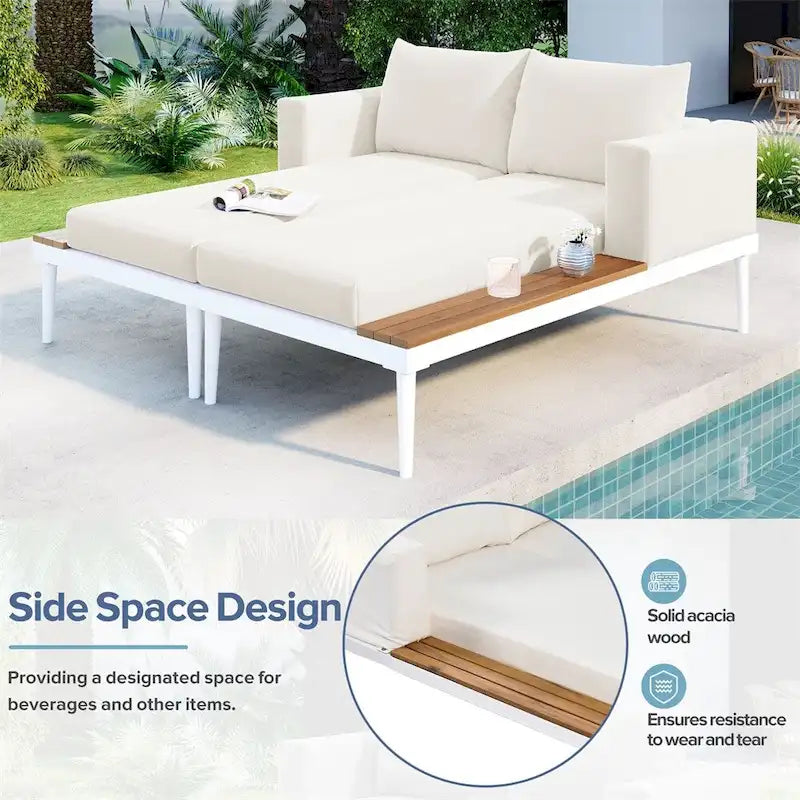 Modern Outdoor Patio Metal Daybed with Wood Topped Side Spaces