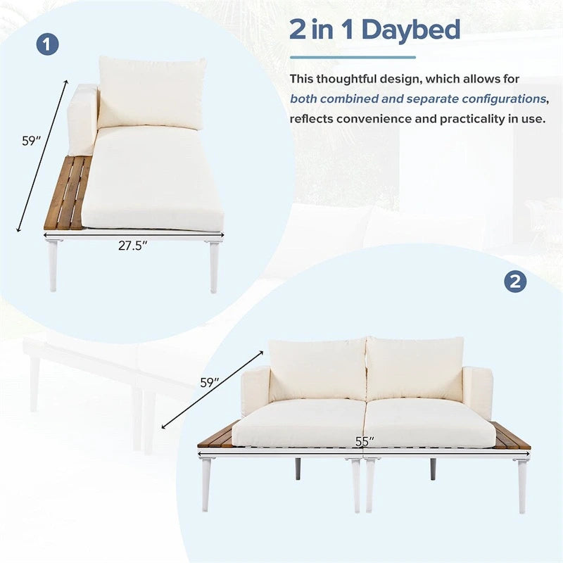 Modern Outdoor Patio Metal Daybed with Wood Topped Side Spaces