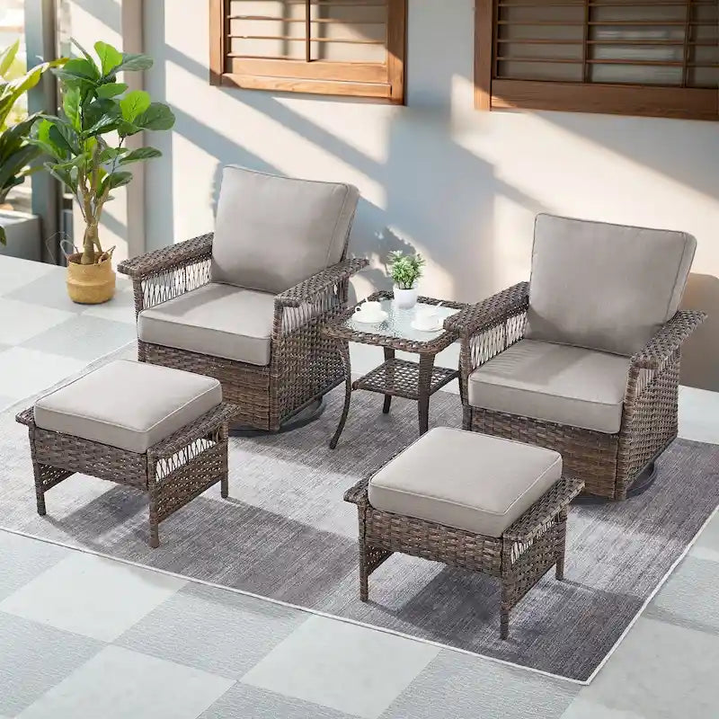 Gymojoy Patio Swivel Rocking Chairs & Table and Ottoman - Brown