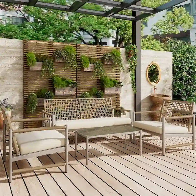 4 Pieces PE Rattan Wicker Outdoor Sofa Set w/ Washable Cushion