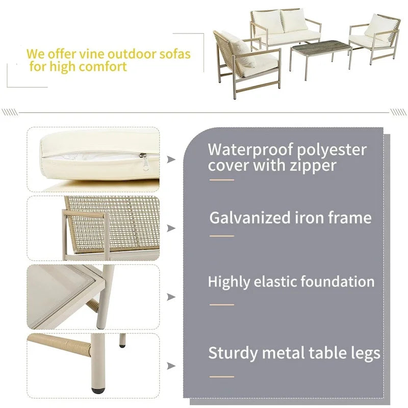 4 Pieces PE Rattan Wicker Outdoor Sofa Set w/ Washable Cushion
