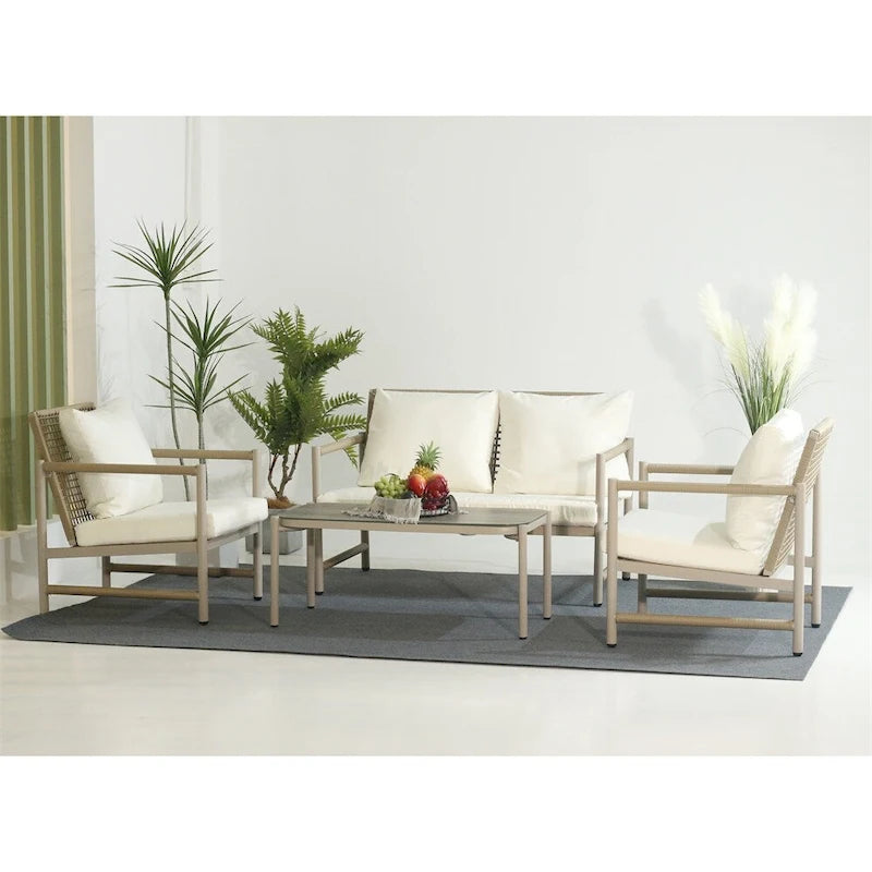 4 Pieces PE Rattan Wicker Outdoor Sofa Set w/ Washable Cushion