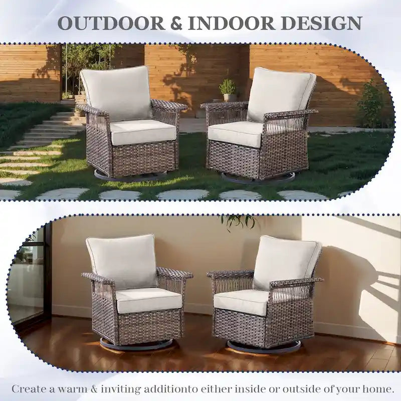 Patio Sofa Swivel Rocker Chairs, Ottoman and Table - Brown
