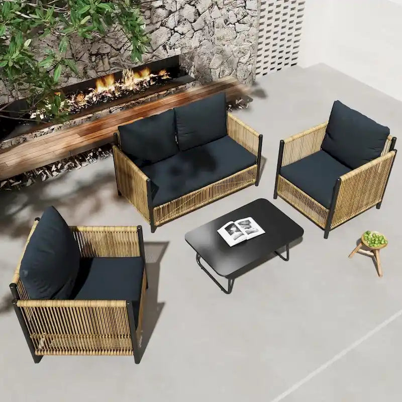 New Outdoor Brown PE Wicker 4 pieces Sofa Set with Gray Cushion