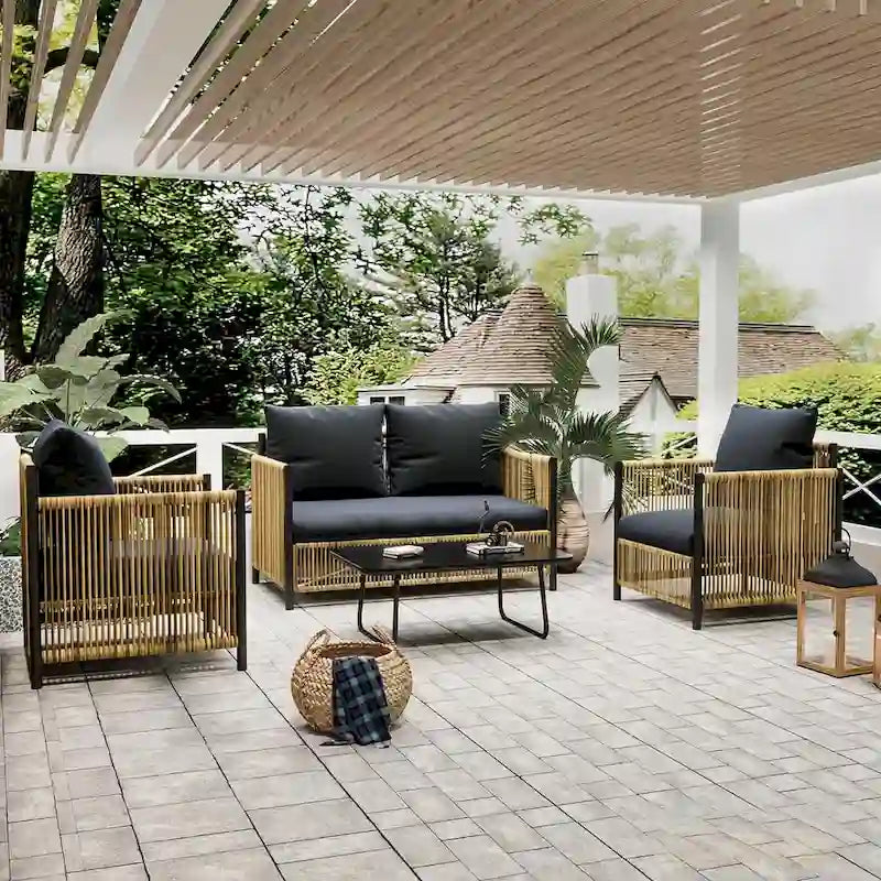 New Outdoor Brown PE Wicker 4 pieces Sofa Set with Gray Cushion