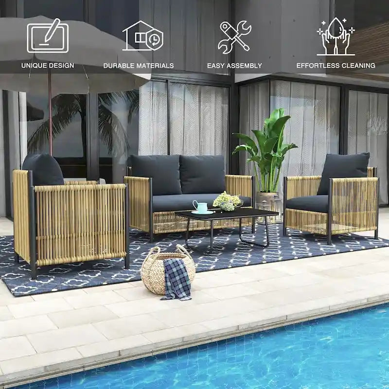 New Outdoor Brown PE Wicker 4 pieces Sofa Set with Gray Cushion