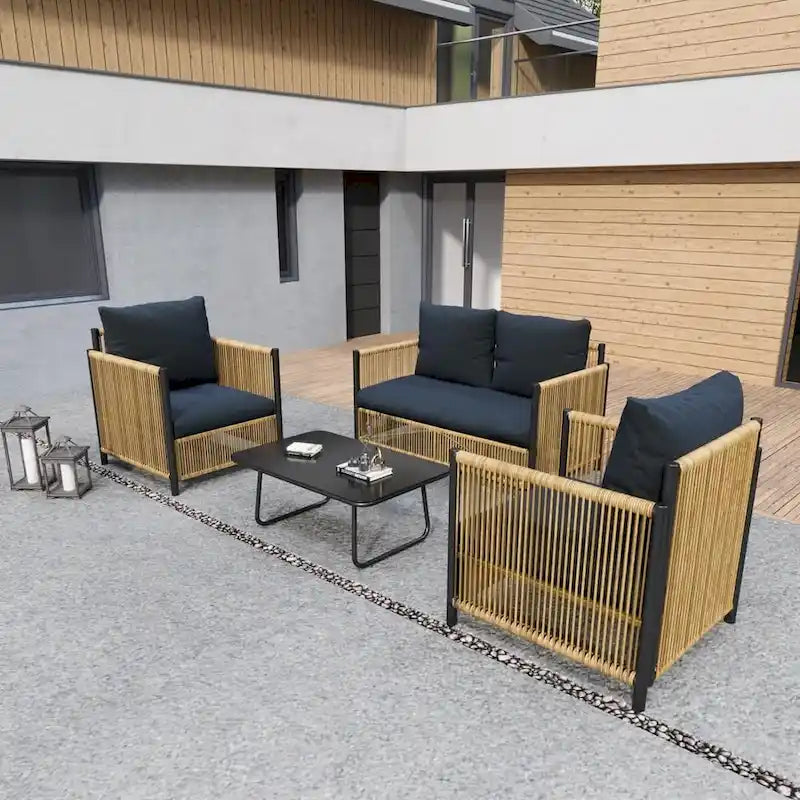 New Outdoor Brown PE Wicker 4 pieces Sofa Set with Gray Cushion