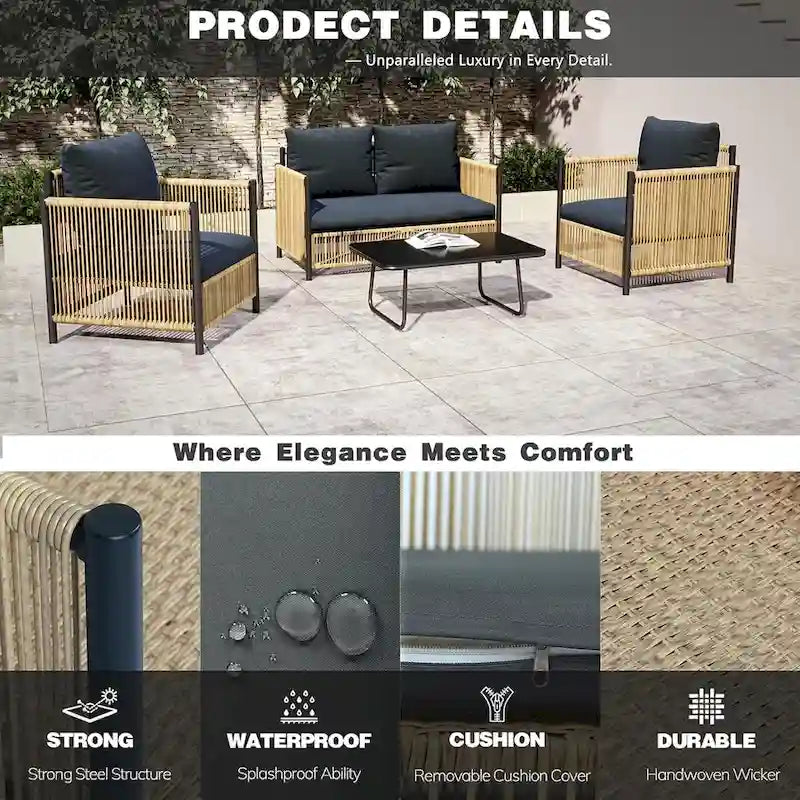 New Outdoor Brown PE Wicker 4 pieces Sofa Set with Gray Cushion