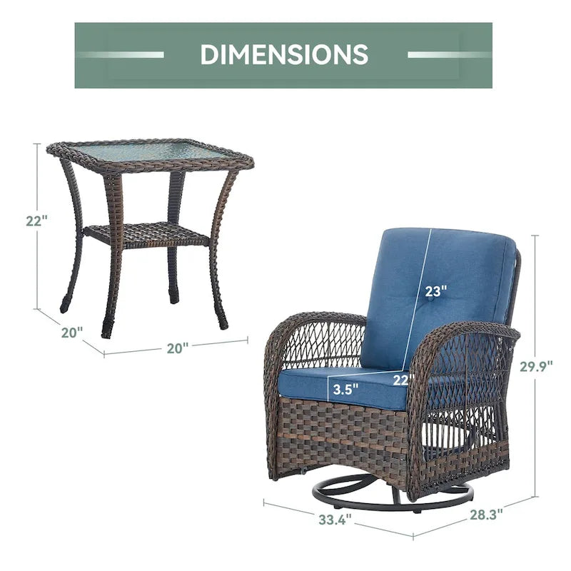 3 Pieces Patio Swivel Chair Gliders Rocker Chair - Brown
