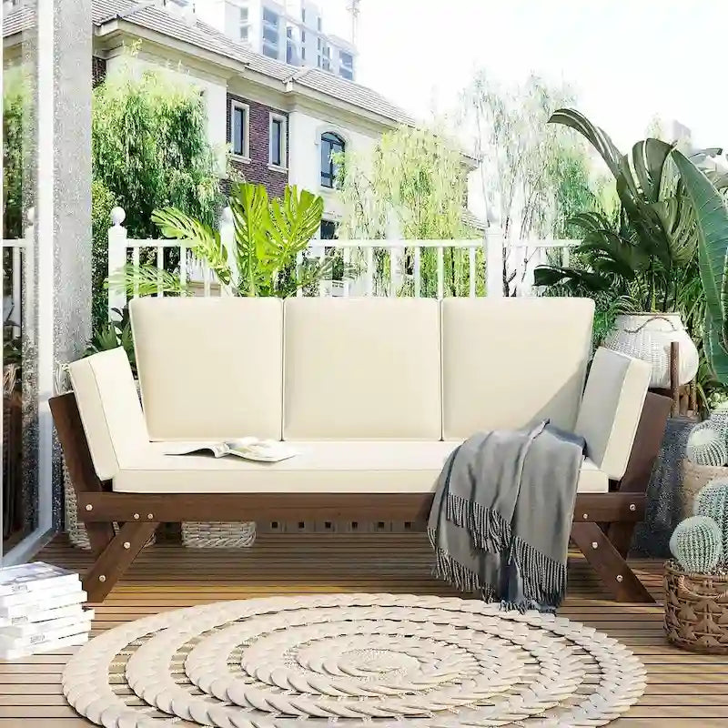 Outdoor Adjustable Wooden Daybed Sofa Chaise Lounge with Cushions
