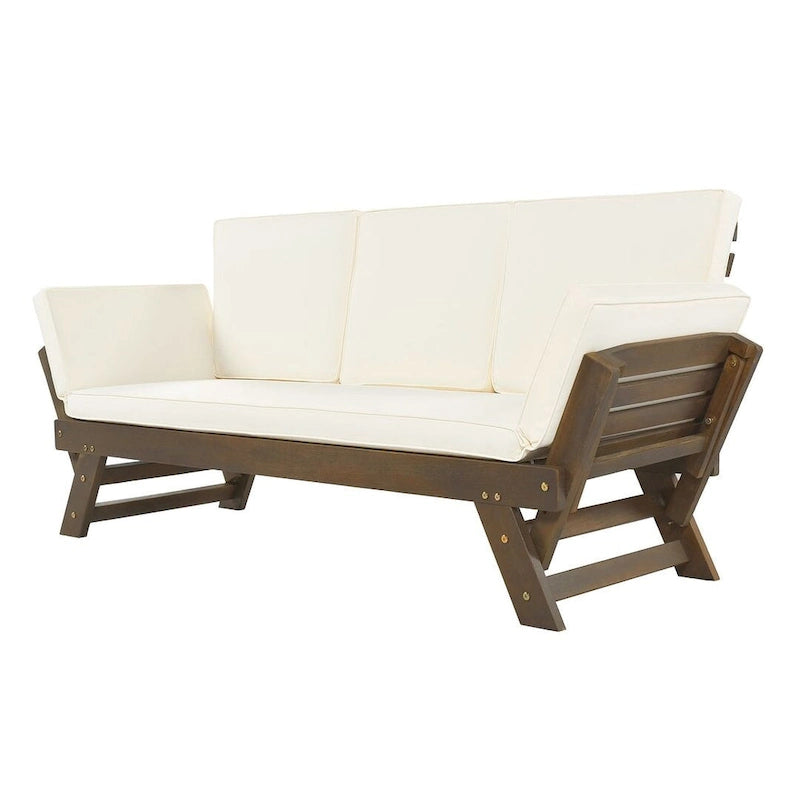 Outdoor Adjustable Wooden Daybed Sofa Chaise Lounge with Cushions