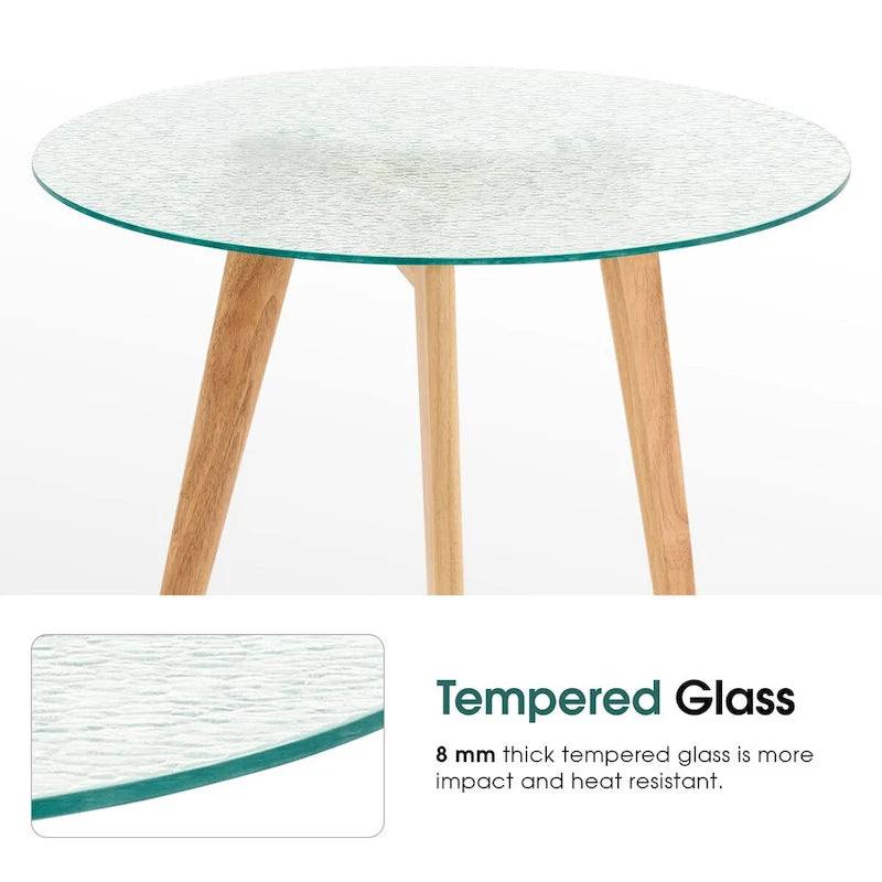 Ivinta Round Dining Table with Water Rippled Glass Tabletop, Wood Legs for Kitchen Dining Room Living Room