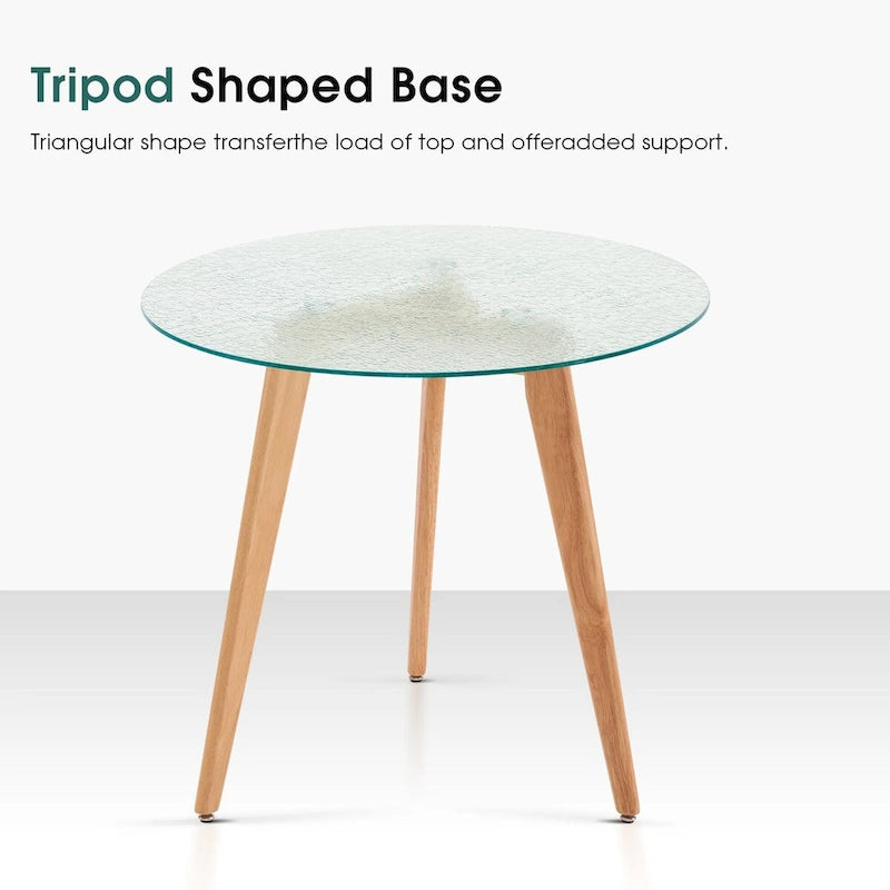 Ivinta Round Dining Table with Water Rippled Glass Tabletop, Wood Legs for Kitchen Dining Room Living Room