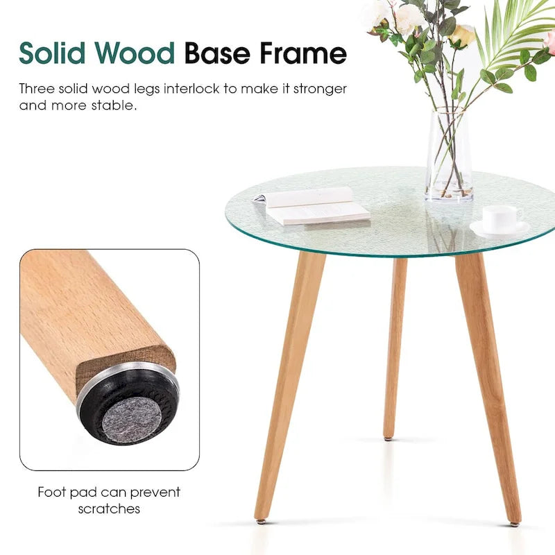 Ivinta Round Dining Table with Water Rippled Glass Tabletop, Wood Legs for Kitchen Dining Room Living Room