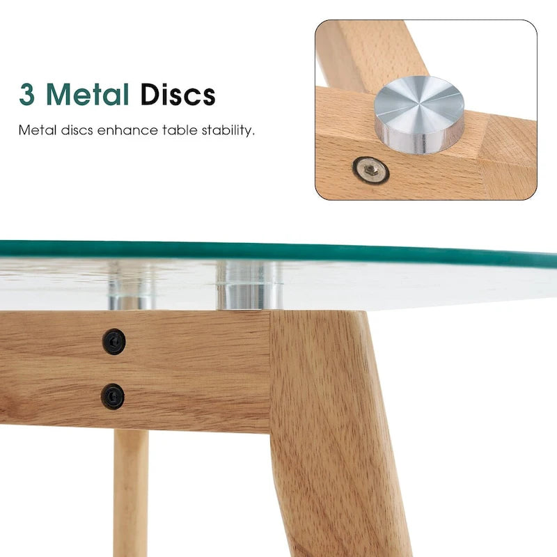 Ivinta Round Dining Table with Water Rippled Glass Tabletop, Wood Legs for Kitchen Dining Room Living Room