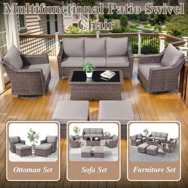 Outdoor Wicker Siwvel Chair Ottoman Set of 4 - Brown
