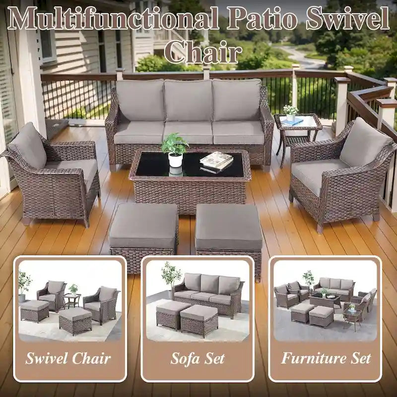 Outdoor Wicker Siwvel Chair Ottoman Set of 4 - Brown