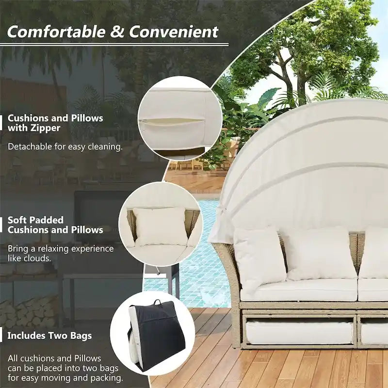 Patio Wicker Rattan Daybed Set with Retractable Canopy and Pillows
