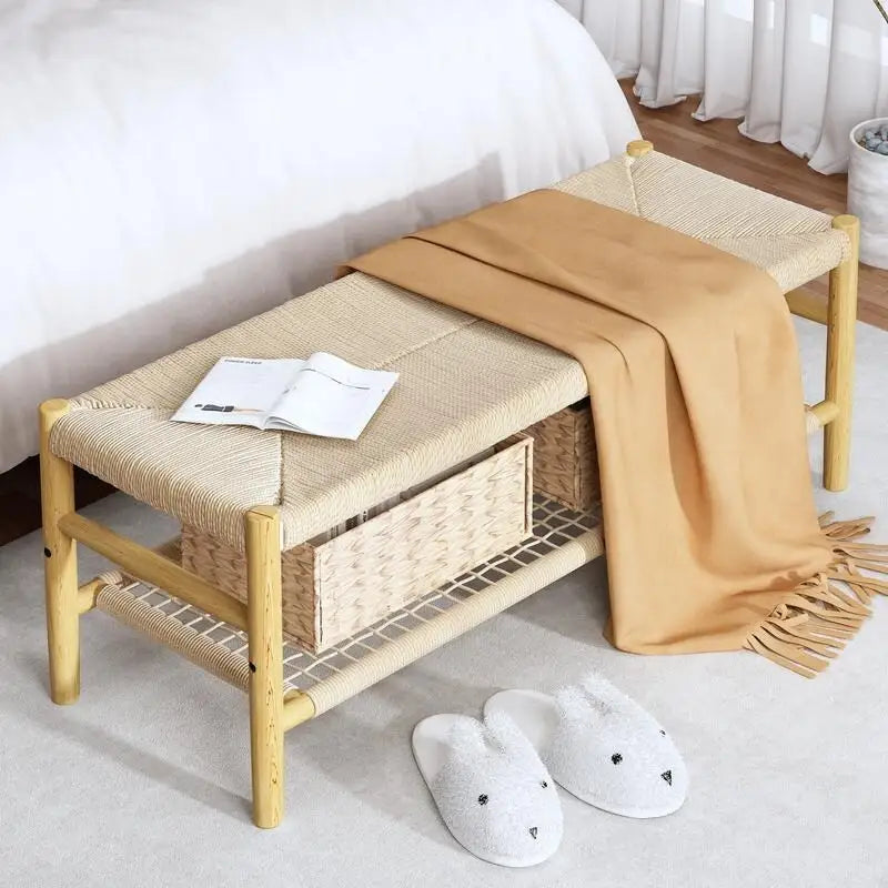 Rubber Wood Woven Rope Bench with 3 Storage Baskets – Natural, 2-Seat