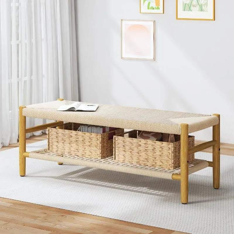 Rubber Wood Woven Rope Bench with 3 Storage Baskets – Natural, 2-Seat