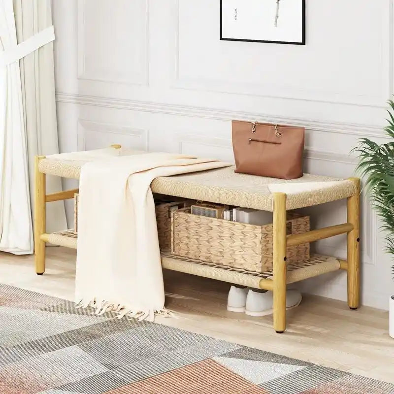 Rubber Wood Woven Rope Bench with 3 Storage Baskets – Natural, 2-Seat