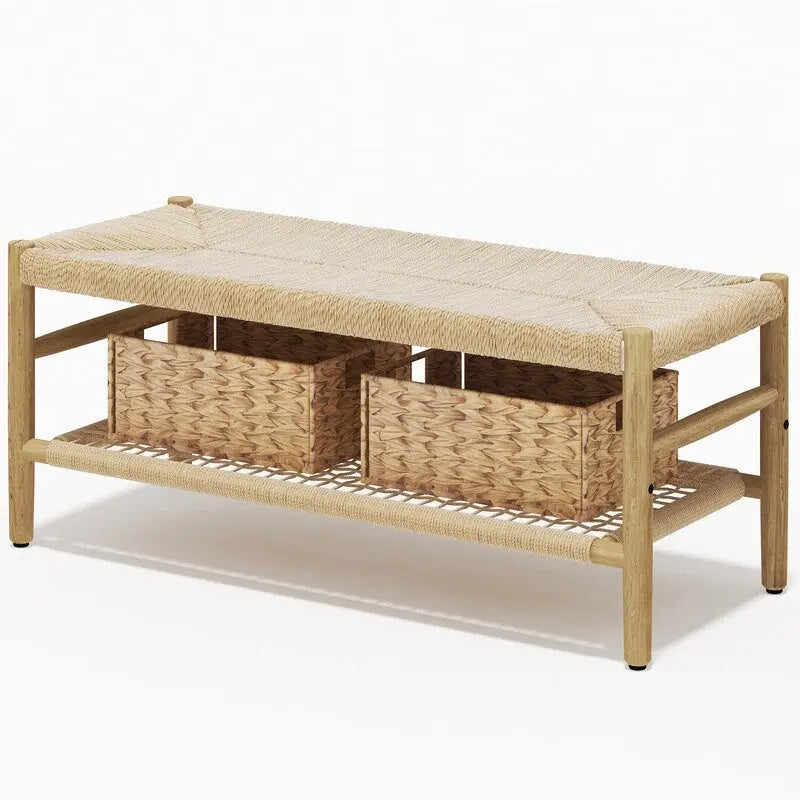 Rubber Wood Woven Rope Bench with 3 Storage Baskets – Natural, 2-Seat