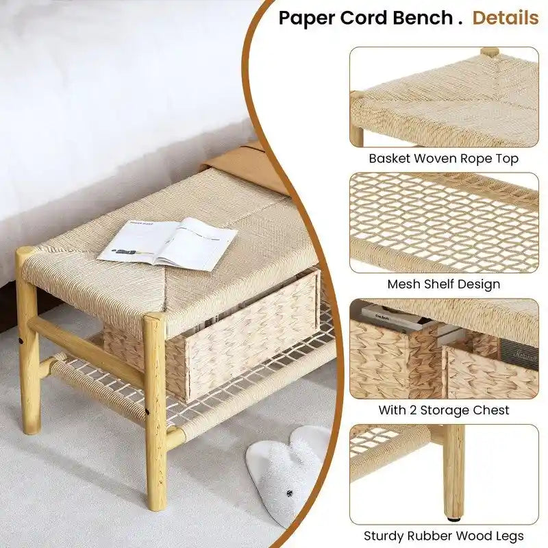 Rubber Wood Woven Rope Bench with 3 Storage Baskets – Natural, 2-Seat