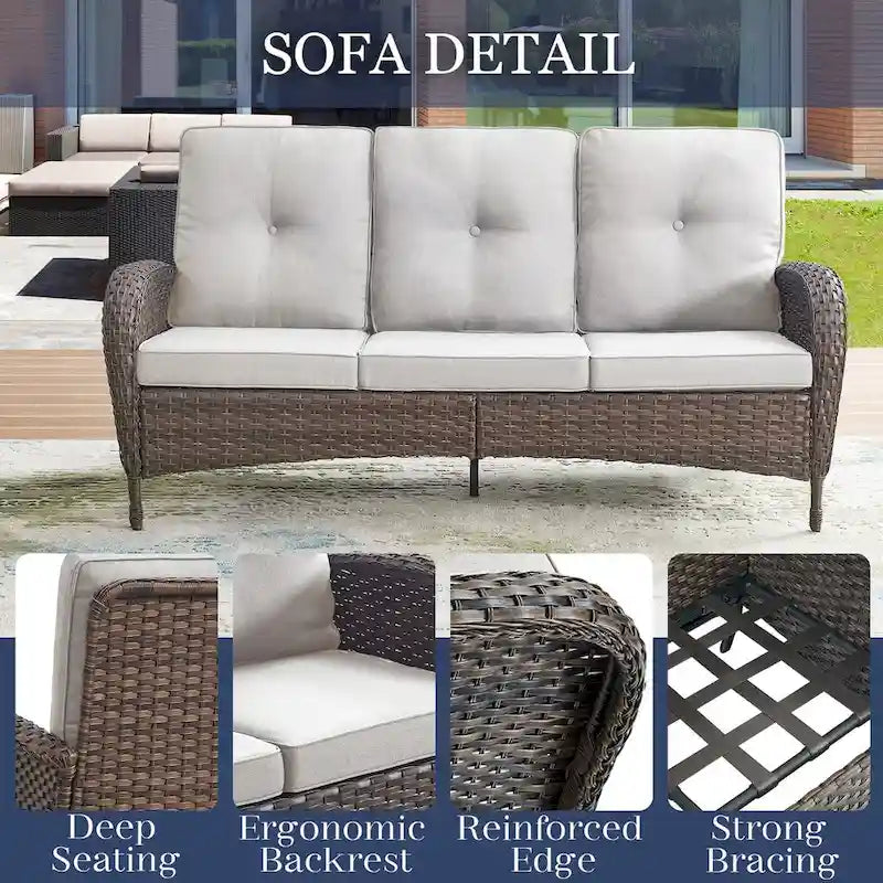 Outdoor Sofa with High Back Rattan Swivel Chair Set - Brown