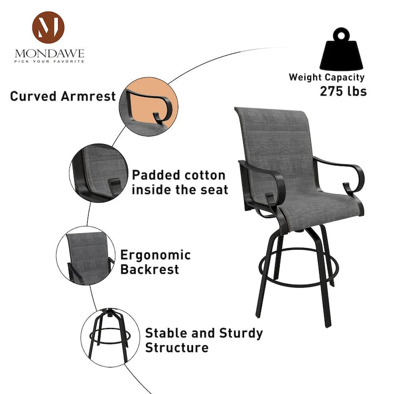 2PCS Aluminium Frame Outdoor 360 Swivel Chairs Bar Stool with Cushion