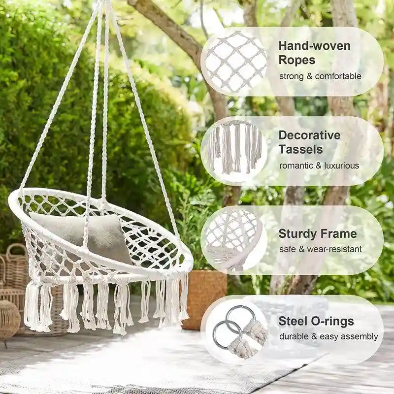Hammock Chair Macrame Swing with Cotton Rope for Indoor Outdoor