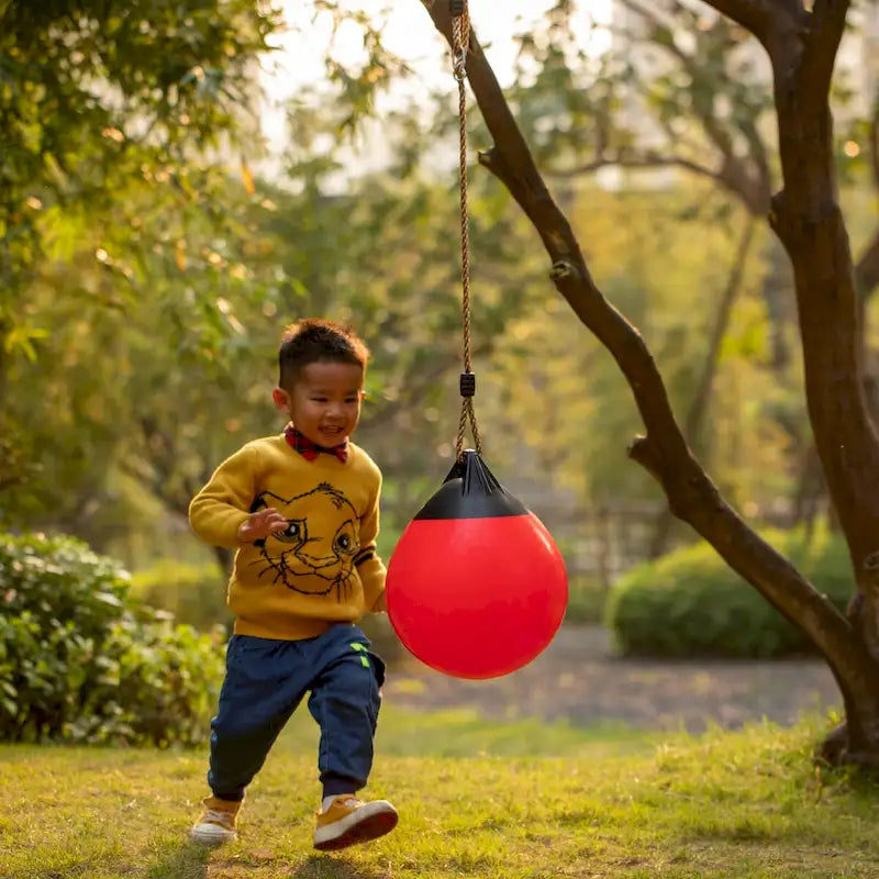 Red Outdoor Patio Playground Hanging Adjustable Ball Round Swing, Inflatable Heavy Duty Rubber Round Swing Ball, Pump Included