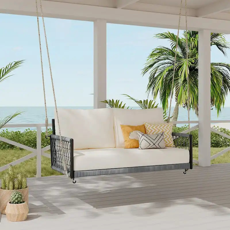 1-Piece Woven Rope Outdoor Swing Sofa with Soft Cushions Seating 2 for Patio, Courtyard and Balcony (Beige)