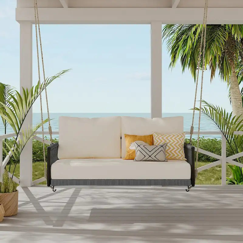 1-Piece Woven Rope Outdoor Swing Sofa with Soft Cushions Seating 2 for Patio, Courtyard and Balcony (Beige)