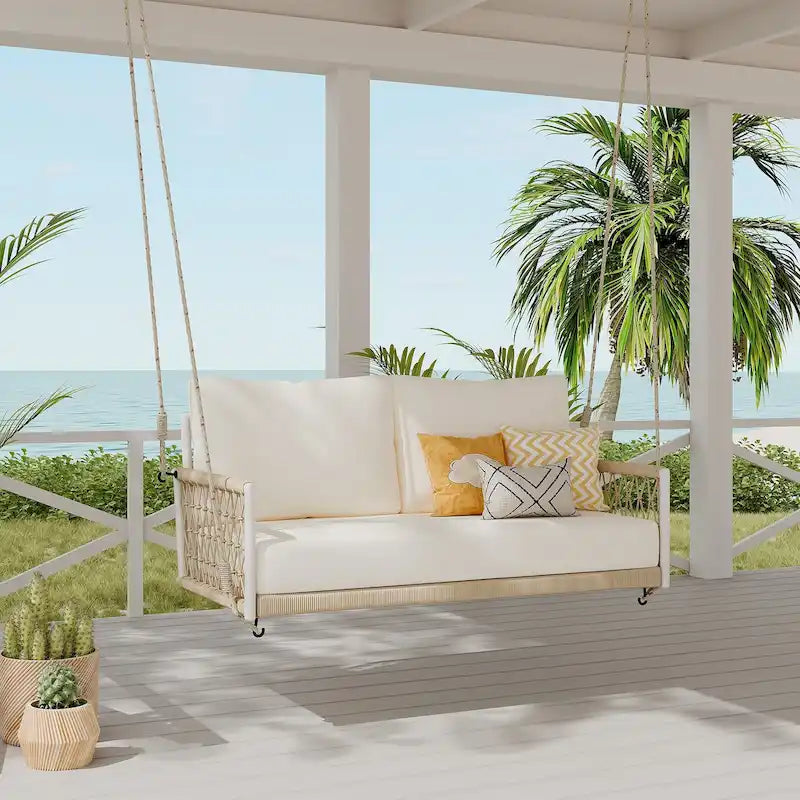 1-Piece Woven Rope Outdoor Swing Sofa with Soft Cushions Seating 2 for Patio, Courtyard and Balcony
