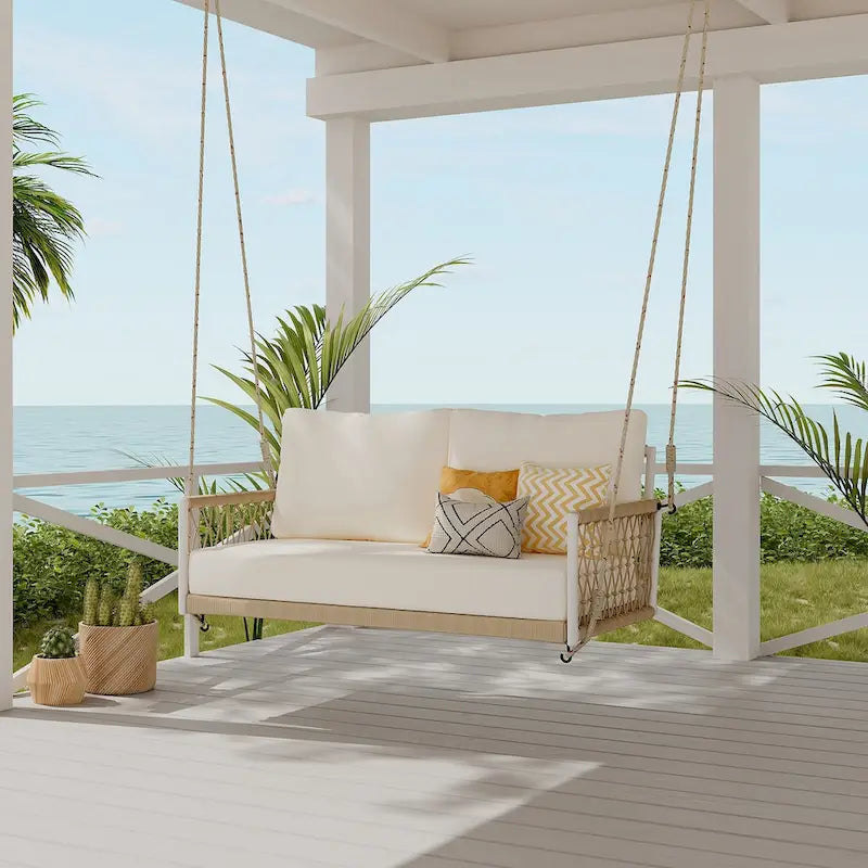 1-Piece Woven Rope Outdoor Swing Sofa with Soft Cushions Seating 2 for Patio, Courtyard and Balcony