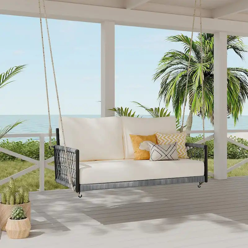 1-Piece Woven Rope Outdoor Swing Sofa with Soft Cushions Seating 2 for Patio, Courtyard and Balcony
