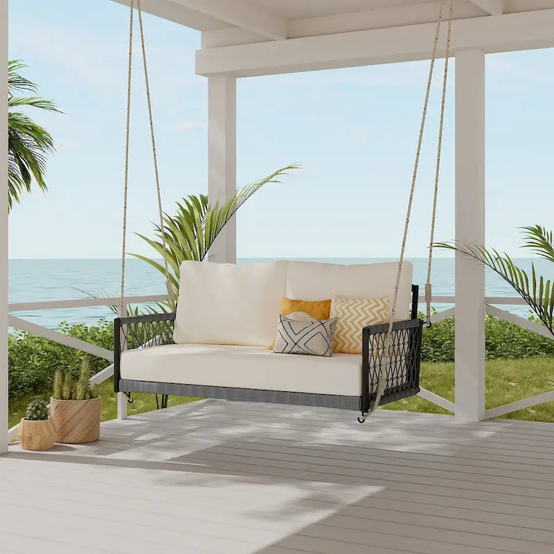 1-Piece Woven Rope Outdoor Swing Sofa with Soft Cushions Seating 2 for Patio, Courtyard and Balcony