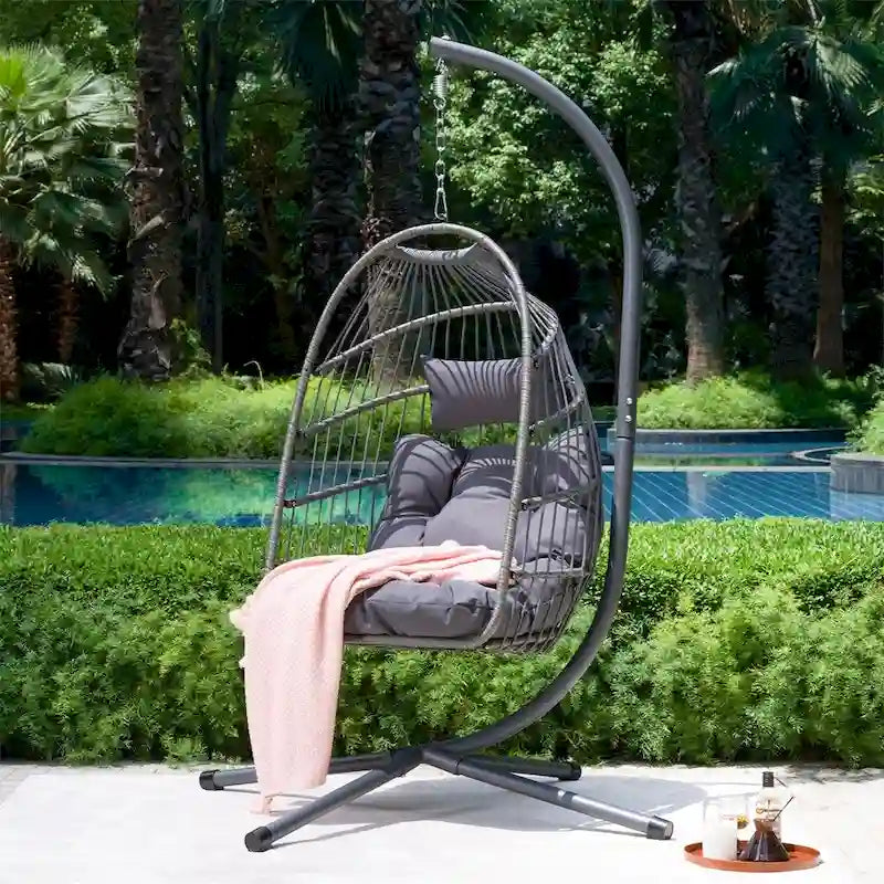 Outdoor Egg Hanging Chair with Stand,Patio Wicker Swing Egg Chair