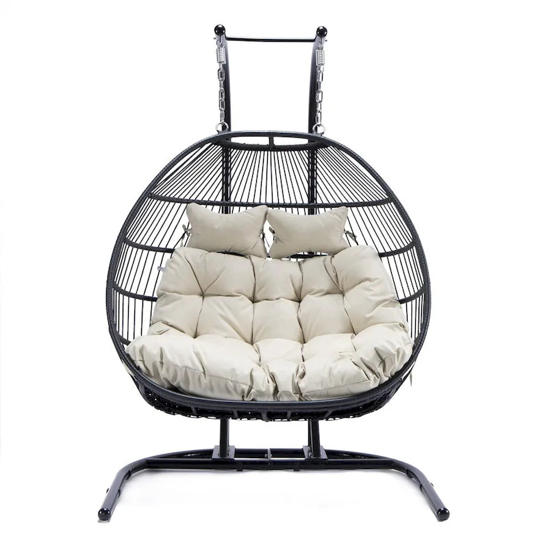 Double-Seat Folding Hanging Swing Chair with Stand & Cushion